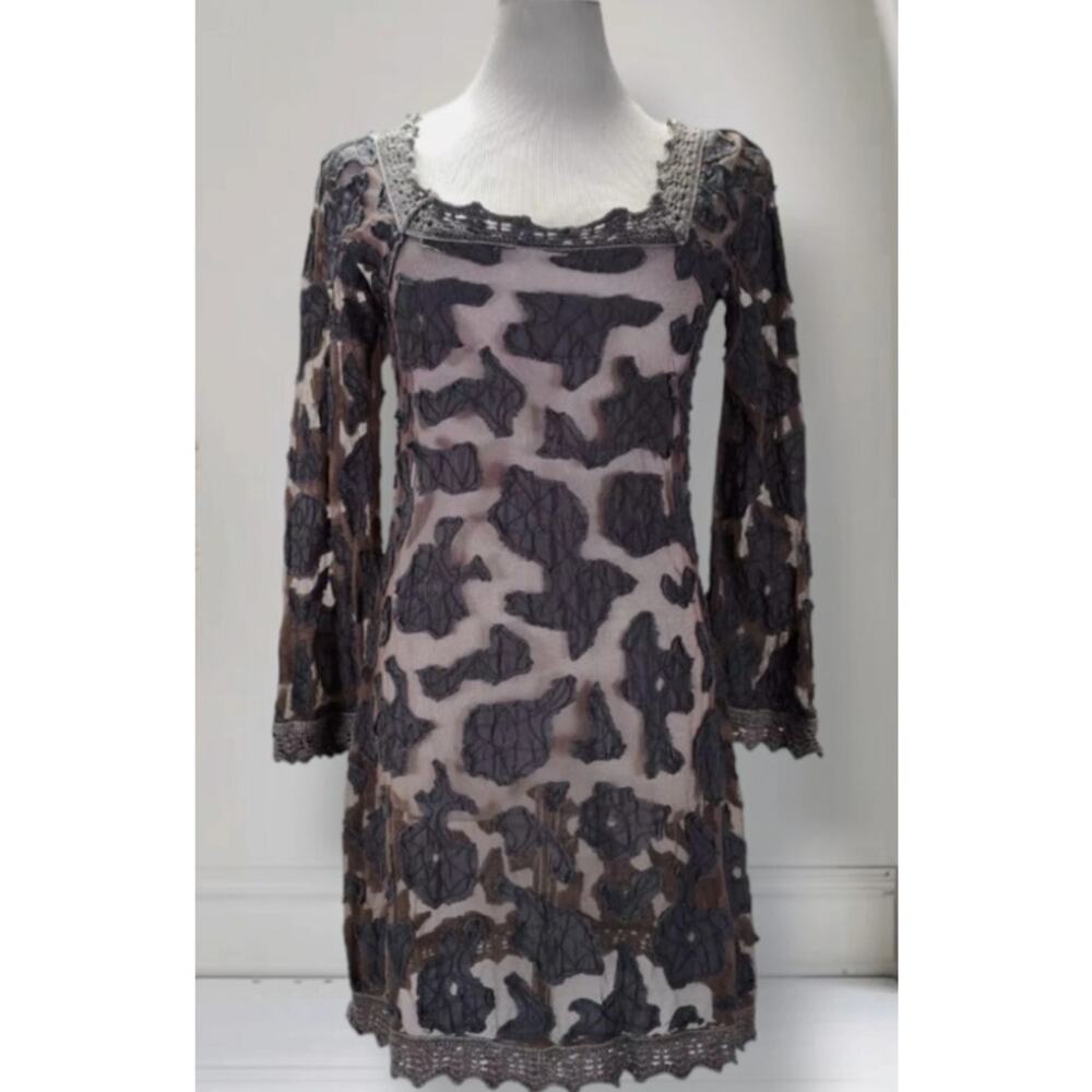 Letarte Handmade Sheer Mesh Crochet Coverup Dress XS Gray Beach Resort